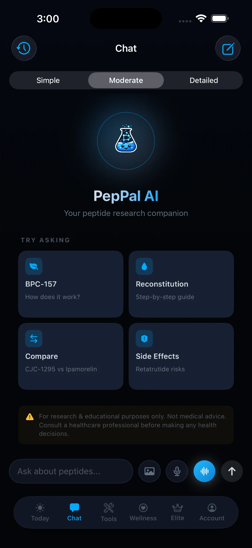 PepPal iOS app showing the AI peptide chat screen
